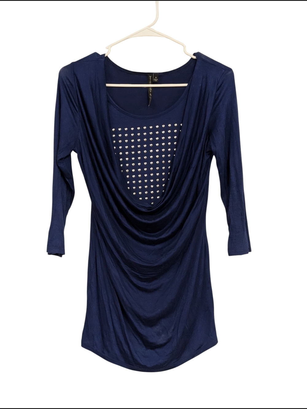 Stud-Embellished Navy Draped Long Sleeve Top